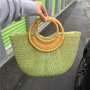 Green Woven Handbag with Bamboo Handles